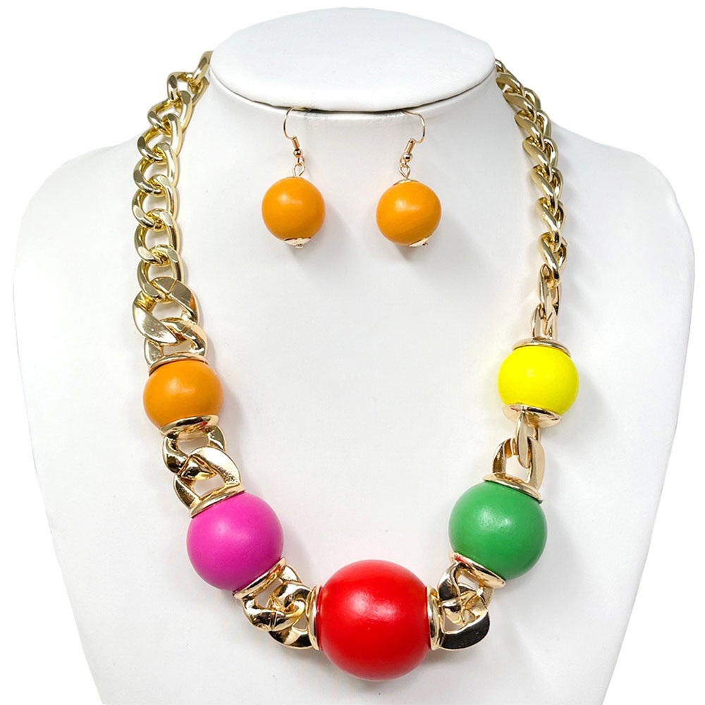 Oversized Multicolored & Gold Wooden Abstract Statement Necklace Set